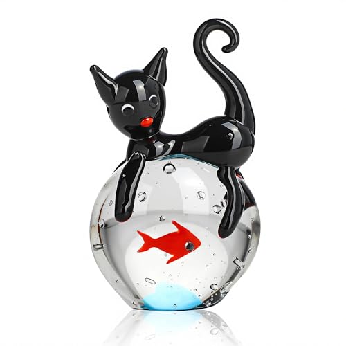 QFkris Blown Glass Black Cat Figurine, 1.6“ Mini Glass Animals Sculpture, Cat and Fish Art Collectible Figurines for Home Decor, Gift for Mom Cat-Lover Birthday