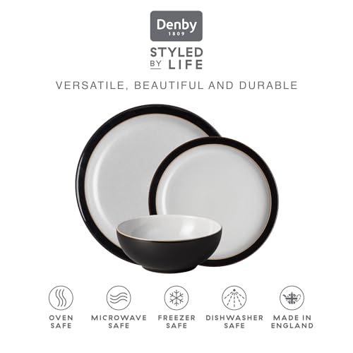Denby - Elements Black Dinner Set For 4 - 12 Piece Ceramic Tableware Set - Dishwasher Microwave Safe Crockery Set - 4 x Dinner Plates, 4 x Medium Plates, 4 x Cereal Bowls - Image 4