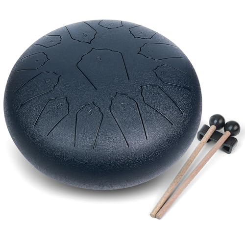MUSCELL Steel Tongue Drum 12 Inches 13 Notes, Hand Drum with Bag, Music Book, Drumsticks, Mallet Holder and Finger Paddles, Thickened Carbon Steel, Continuous Echo for Meditation or Yoga (Navy Blue)