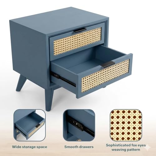 Image of Wooden Bedside Table for Bedroom | HDMR Nightstand with 2 Jaali Drawers | Storage Side Table with HDMR Premium Wood Legs for Living Room Hotels | Compact Lamp table Home Dcor Furniture | Matte Blue