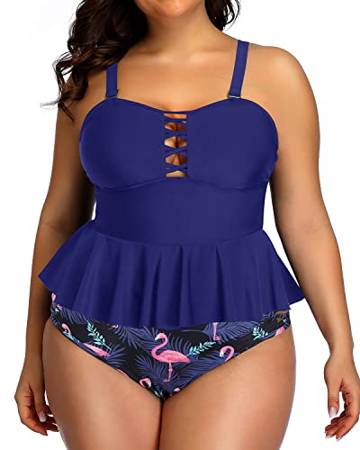 Yonique Plus Size Swimsuits for Women Tummy Control Two Piece Bathing Suits Peplum Tankini Tops High Waisted Swimwear Blue 20plus