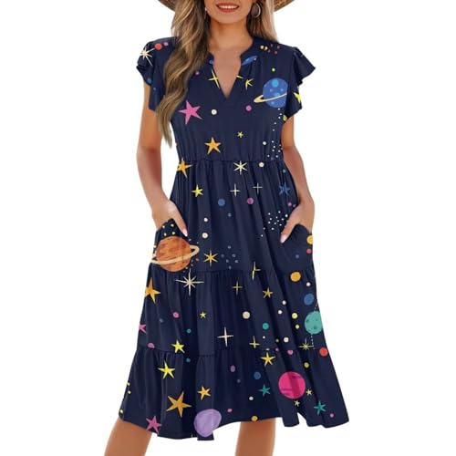 Image of Women's Casual Ruffle Sleeve Dress V Neck Pullover Dress Flowy A-Line Pleated Lightweight Dress with Pockets