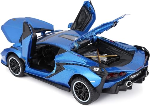 Image of 1:32 Scale Lamborghini SIAN Toy Car | Metal Pullback Diecast Car for Kids with Openable Doors, Sound, Light Effects Toy for Car Enthusiasts (Blue)