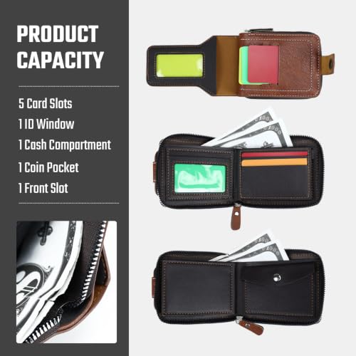 Image of Men Wallet, Vintage PU Leather Multi-Card Zipper Wallet with 8 Card Slots and Coin Pocket Large Capacity Buckle Credit Card Holder Wallet with Zipper (C, Dark Brown)