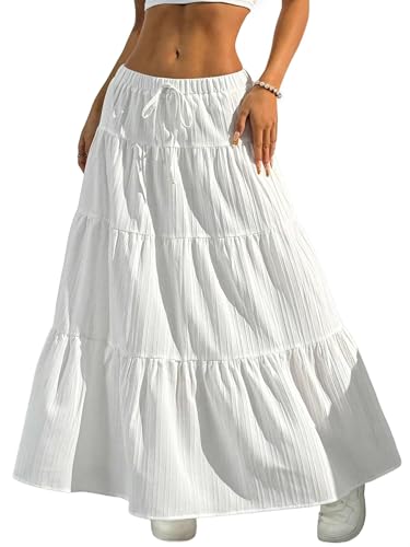 DERAX Women's Boho Flowy Maxi Skirts Elegant Flared Ruffle Hem Elastic High Waisted Summer Fall A Line Long Skirts White S