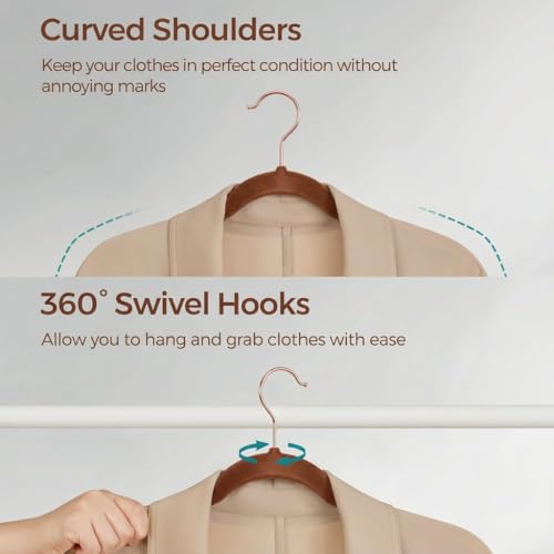 Image of ginoya Brothers Velvet Hangers,Non Slip Notched with Rose Gold Hook Coat /Suit Hangers,Space Saving 360 Degree Swivel Hook (Brown, 10 Count),Velvet