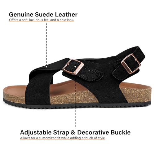 Intini Women's Cork Footbed Sandals with Arch Support Suede Leather Flat Slides Sandals Comfort Open Toe Slip On Shoes for Outdoor Summer Adjustable Buckle & Crisscross Band2
