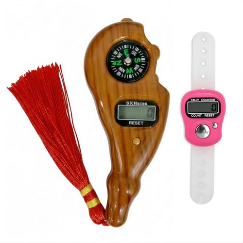 Image of Electronic Wood-Grain Hand Tally Counter with Built-in Compass & Red Tassel - Digital Prayer Bead /Tasbih Clicker with LCD Display and Reset Function (Compass+Tally Counter)