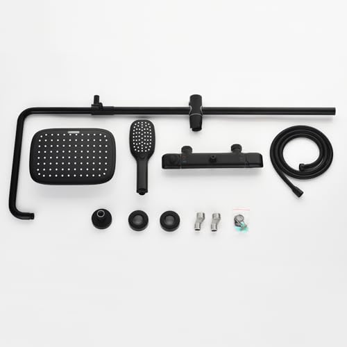 RBROHANT Matte Black Exposed Shower System with Brass Thermostatic Shower Valve, Exposed Shower Faucet Set with Height Adjustable 10 Inch Shower Head and Dual Function Handheld, Wall Mounted, RB0839