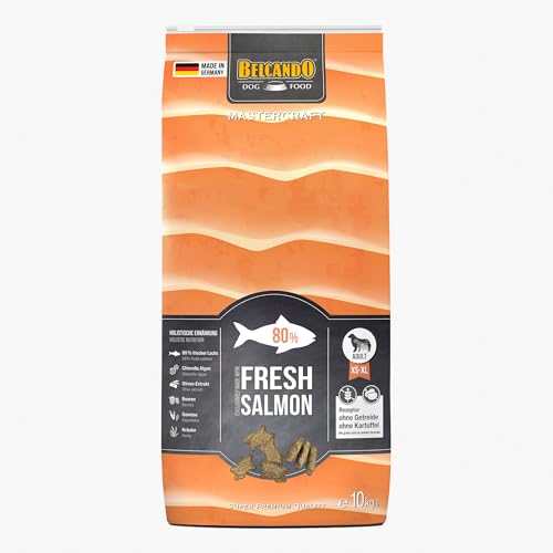BELCANDO MASTERCRAFT Hundefutter trocken Fresh Salmon, 10kg, Trockenfutter für Hunde mit Lachs, 80% Frischfleisch, getreidefrei, für alle Rassen, Made in Germany