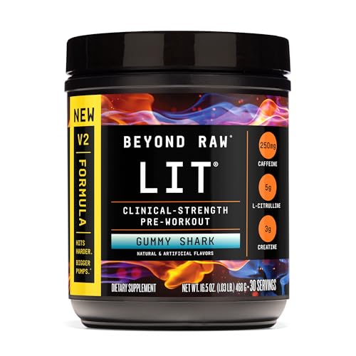 BEYOND RAW LIT V2 Clinical Strength Pre Workout Powder, Hits Harder, Bigger Pumps, Caffeine, L-Citrulline, Creatine, Gummy Shark, 30 Servings