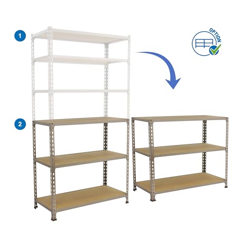 Simon Rack Schwerlastregal, 2500x1200x500 mm, Bis 200 kg Belastbar, 6 Verstellbare Ablagen, MDF-Platten, Kellerregal, Lagerregal, Grau/Holz - Maderclick