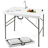 Goplus Folding Fish Cleaning Table with Dual Water Basins, Heavy Duty Fillet Table with Hose Hook Up, Sink and Faucet, Portable Outdoor Camping Sink Station for Dock Beach Patio Picnic, 40''