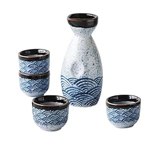 Hemoton Keramische Sake Set Japanse Sake fles en vier Ochoko mokken geglazuurd Sea Ripple Sake voor 1 set