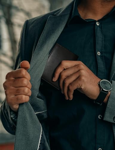 Image of Mens Genuine Leather Bifold RFID Blocking Wallet with 14 Card Slots, ID Window & 2 Cash Pocket - Includes Gift Box (Modern Black)