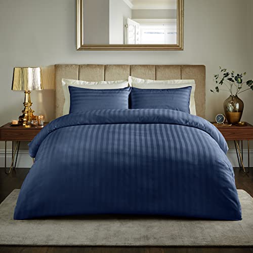 ALT90 - Juego de funda de edredón de 800 hilos de algodón con rayas de satén, cómoda ropa de cama, color azul marino