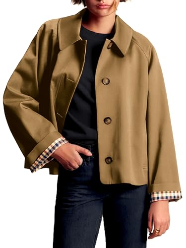 ELLEVEN Oversize Trench Coat Women Lightweight Single Breasted Crop Fall Jackets with Plaid Lining Fashion Outerwear Camel X-Small