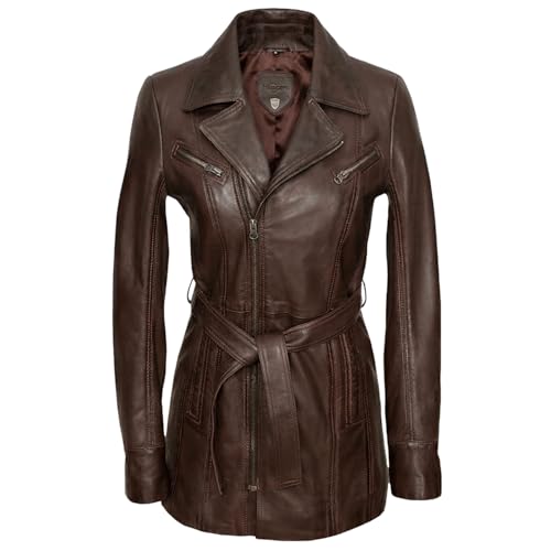 Blueorn Elin Damen Ledermantel Kurzmantel Lamb Nappa Echtleder- Übergans Mäntel Frauen mit Ledergürtel Reverskragen Cognac-Schwarz (DE/NL/SE/PL, Alphanumerisch, XXL, Regular, Regular, Braun)