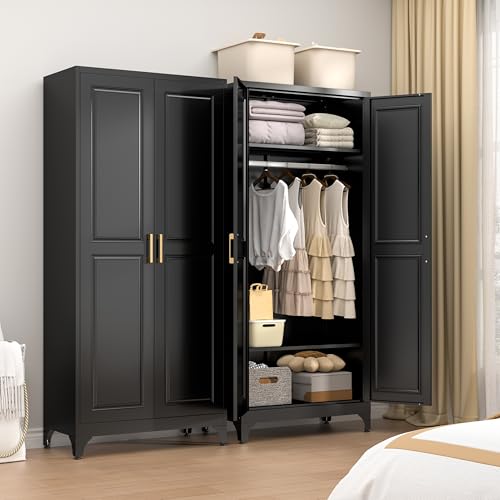 TIMELESS PIECES Metal Wardrobe Cabinets,Black Armoire Wardrobe Closet with Hanging