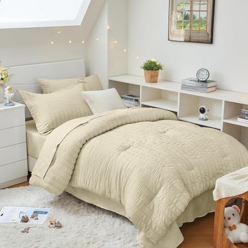 Image of HYMOKEGE Oatmeal Twin Comforter Set Seersucker 5 Pieces, All Season Luxury Bed in a Bag for Bedroom, Bedding Set with Comforter, Sheets, Pillowcase & Sham