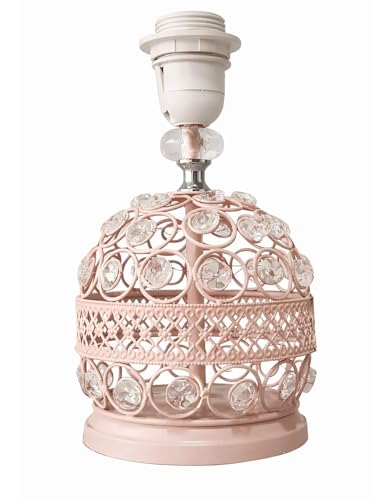 Image of Modern Crystal Table Lamp with White Fabric Shade | Small Contemporary Bedside Nightstand Lamp | Pink Base | Minimalist Desk Globe Light