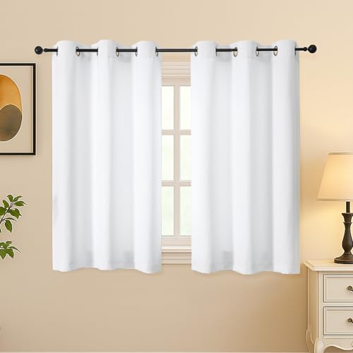 Image of Simplebrand Pure White Light Filtering Curtains for Bedroom 45 Inches Long 2 Panels Set, Sunlight Blocking Curtains for Small Windows, Grommet Energy Saving Thermal Insulated Short Drapes, 40Wx45L