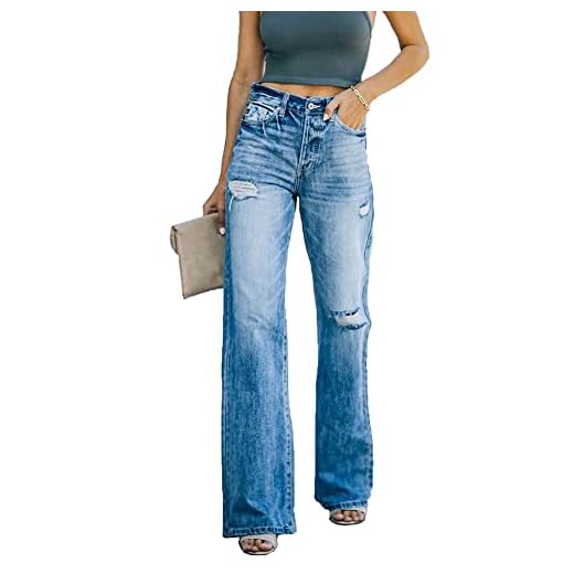 Damjeans Pojkvän Jeans med hög midja byxor Lösa långa blåa breda ben Byxor Hål Rippade jeansbyxor Raka Casual Mjuka byxor Damjeans byxor med hög midja Y2K Style (Color : Blue, Size : XXL)