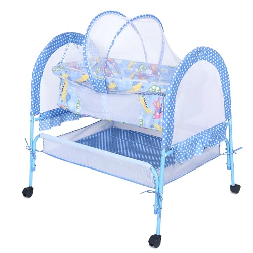 Image of FLIPZON Baby Cradle with Mosquito Net & Lockable Wheels | Foldable Baby Jhula /Palna with Storage Basket & Soft Mattress | Portable Newborn Baby Bed Crib for Infants (Blue)