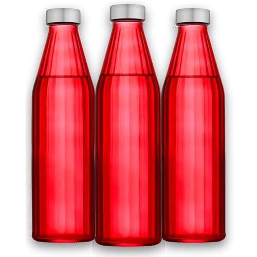 Image of SAND DUNE RedColour Glass water bottle, 800 ml Each, Set of 3, with Leak-Proof Airtight Stainless-Steel Lid for Water, Smoothie, Juices - Reusable Travel Glass Drinking Fridge Bottles