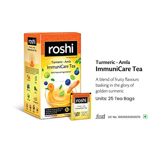 Image of Roshi ImmuniCare Tea | 25 Teabags| Immunity Boosting Green Tea enriched with The Goodness of Turmeric, Amla and Blueberry (Pack of 2)