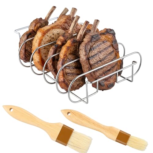 Bastidores de costillas para barbacoa, BBQ Rib Rack con 2 pinceles, Asador de Costillas en Acero Inoxidable, Spare-Rib Asador de costillas de Estante para fumar, ahumador de gas o parrilla de carbón