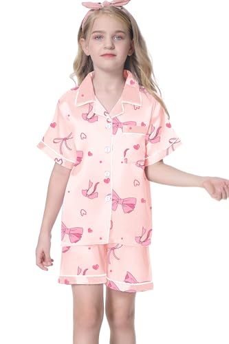 Image of Umeyda Women & Girls Pajamas Set, Soft Satin Lightweight Silk Button-Down Top with Shorts 2 Piece PJS for Mom Boys Kids Gifts