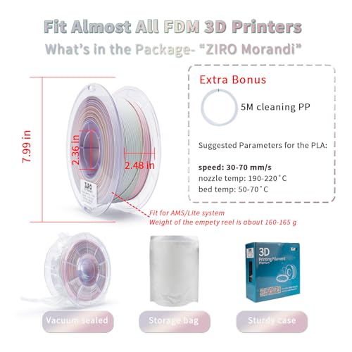 Image of ZIRO Fast Color Changing PLA Filament, 1.75mm Color Gradient Material, Matte Rainbow PLA Filaments, Dimensional Accuracy + /- 0.03mm, fit Most 3D Printer, No Shiny Surface, 1kg /2.2lbs, Morandi