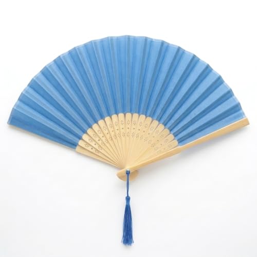 Image of Fabric Handheld Folding Hand Fan with a Tassel Grade A Bamboo Ribs for Women Girls Summer Party Event Favor Birthday Wedding Souvenir Gift (True Blue)