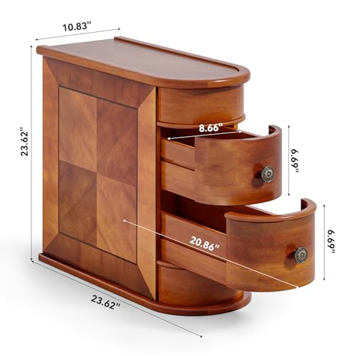 LITTLE TREE Wood End Table with 2 Drawers Sofa Side Table, No Assembly Required Vintage Slim Nightstand Bedside Table for Bedroom