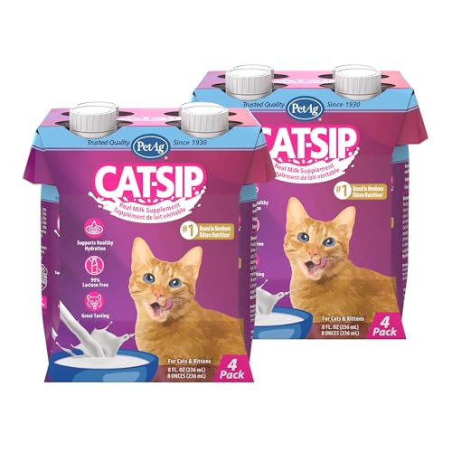 PetAg Cat-Sip Real Milk - 8 oz 8 Pack - Ready-to-Feed Snack for Cats & Kittens - Easy to Digest with 99% Lactose-Free Low-Fat Grade A Milk - Encourages Hydration