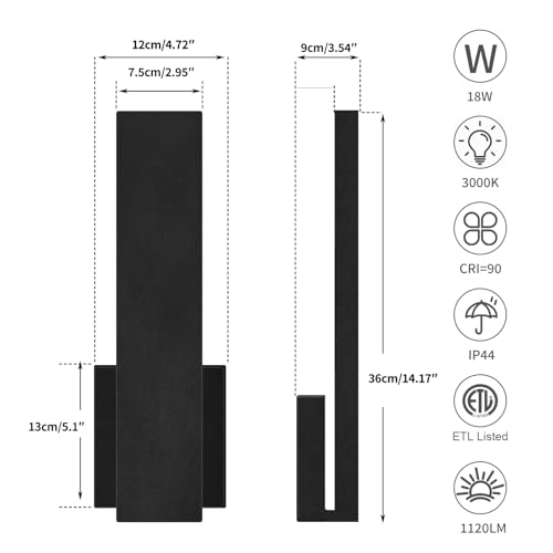 Image of Aluminum LED Modern Wall Sconces Set of 2, 18W Matte Black Waterproof Sconce Wall Lighting Indoor Outdoor, Hardwired Wall Lights for Office,Porch, Bedroom, Bathroom, Living Room,Stairway