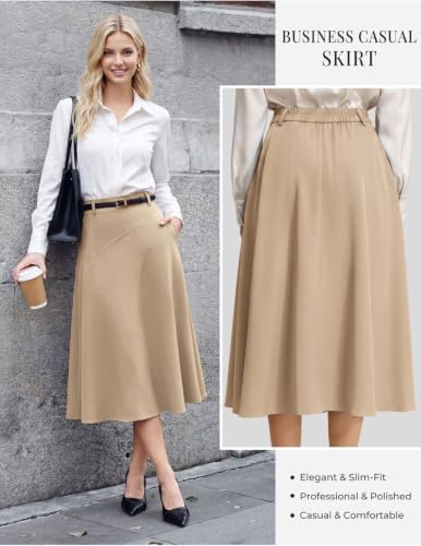 Image of Women's Business Casual Midi Skirt, High Waist Flowy Skirts with Pockets