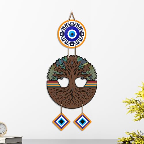 Image of Artvibes Wooden Style Tree of Life Evil Eye Wall Decor for Main Door Entrance | Nazar Suraksha Hanging for Home Office Living Room | Good Luck Decorative Gift (WH 85123N)