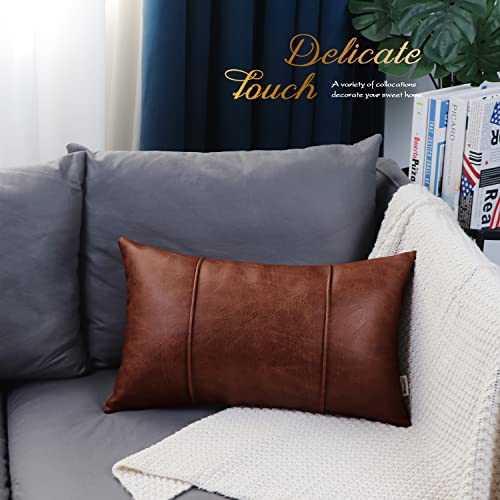 Brawarm Dark Brown Leather Throw Pillow Covers 12 X 20 Inches - Faux Leather Lumbar Pillow Cover With Piping, Hand Stitched Leather Throw Pillow For Couch Sofa Bed Living Room Home Decorative #TOP5