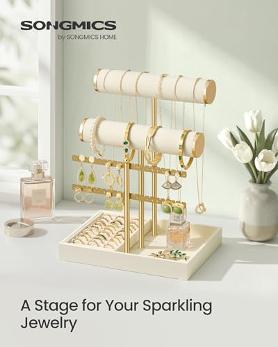 Image of SONGMICS Bracelet Holder Stand, Jewelry Display Stand, Jewelry Organizer, with 2 Tiers and Velvet Tray, Earring Organizer, Removable Ring Holder, Cream White and Pale Gold UJJS046W101