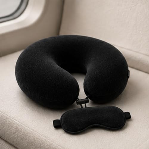 Image of Black Travel Neck Cushion | Adjustable Thread Lock U Shape Neck Pillow | Soft Thread Fabric with Premium Neck Rest Pillow