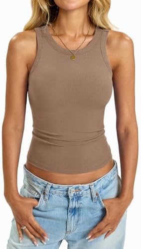 Womens Built in Shelf Bra Tank Tops Padded Ribbed High Neck Shirts Slim Fitted Basic Summer Sleeveless Tee