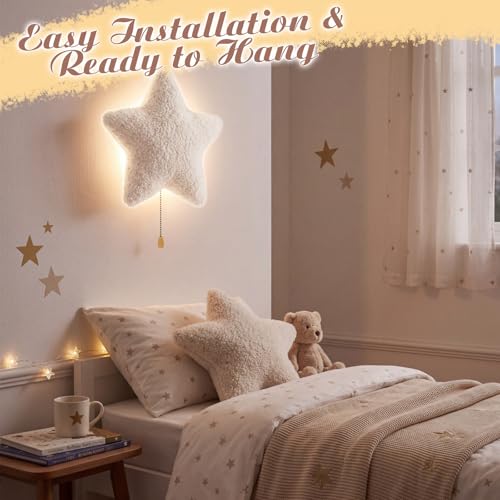Image of Aurelema Fluffy Star Night Light Wall Lamp Sleeping Nursery Lighting Cute Floating Battery Operated Hanging Lamp for Baby Boys Girls Bedroom Room Nursery Wall Decorations