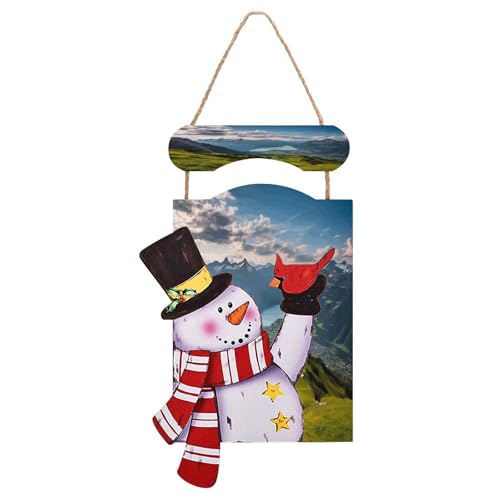 Peinture en bois bonhomme de neige Noël chalet des Alpes, tableau à suspendre de 30cm