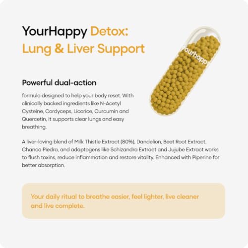 Image of YourHappyLife Liver and lung Detox Supplement for Men & Women | 500mg Milk Thistle & NAC 500mg | Fatty Liver Support with Dandelion & Beetroot | Lung Care with Cordyceps & Licorice | 120 Veg Capsules