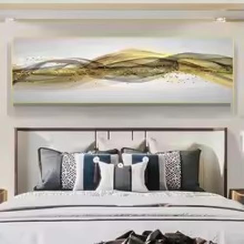 Peinture à l'huile lignes dorées et paysage de prestige gris 20x60cm