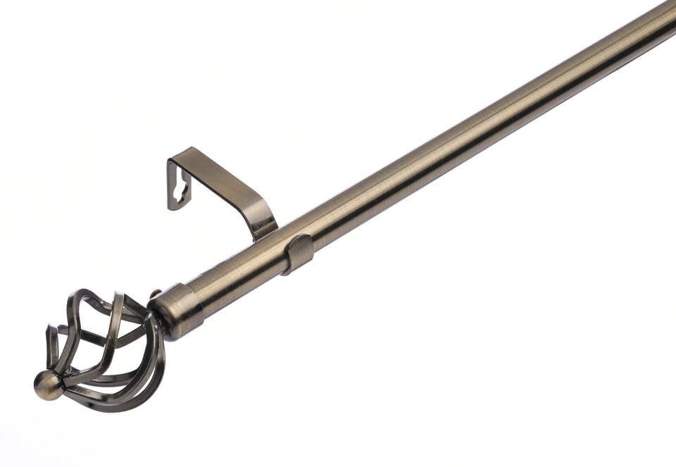 Lister Cartwright 19 mm Curtain Pole for Windows, Extendable 120–210 cm, Antique Brass Metal Rod with Cage Finials, Adjustable Drapery Pole for Eyelet Curtains, Living Room,Bedroom Non Slip