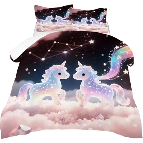 Image of Rainbow Unicorn Comforter Set Twin Size 3D Colorful Stars Cloud Bedding Sets for Boys Girls Kids Teens Bedroom Cartoon Kawaii Animal Quilt 1 Comforter 1 Pillowcase