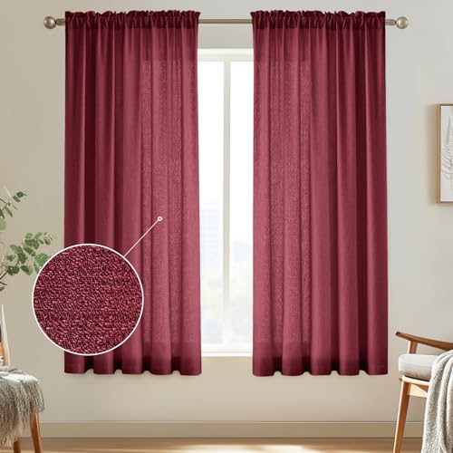 Image of Melodieux Burgundy Semi Sheer Curtains 63 Inch Length for Bedroom Living Room, Farmhouse Linen Texture Light Filtering Home Office Shiny Sheer Drapes Rod Pocket, 52 inch W x 63 inch L, 2 Panels